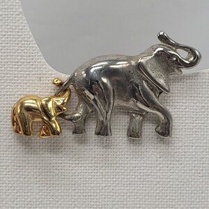 Mother & Baby Elephant Pin Brooch Silver & Gold Tone Wildlife Jewelry